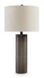 Dingerly Lamp L430824 cylindrical table lamp with a dark, textured ombre base and a drum-shaped fabric shade.