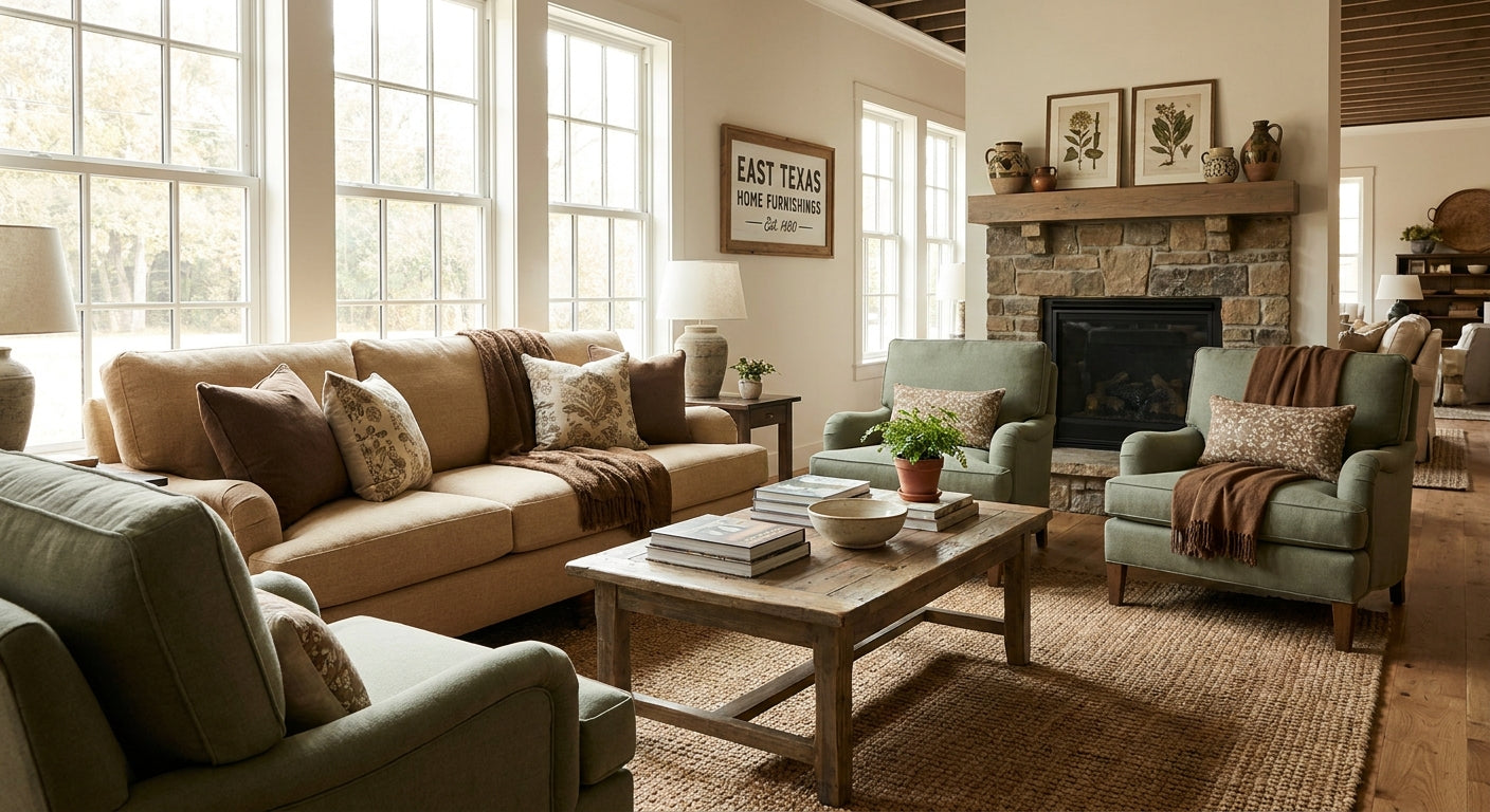A warmly lit, elegantly styled living room showroom with plush seating and rustic wood accents evoking East Texas home comfort and family heritage.