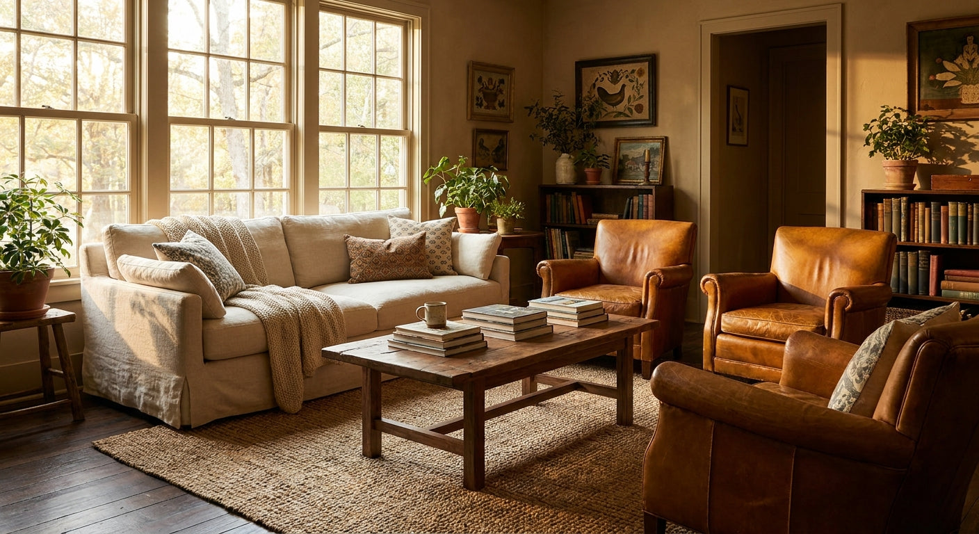 A warmly lit, elegantly furnished East Texas living room featuring a cozy sofa, wooden coffee table, and soft natural light creating an inviting home atmosphere.