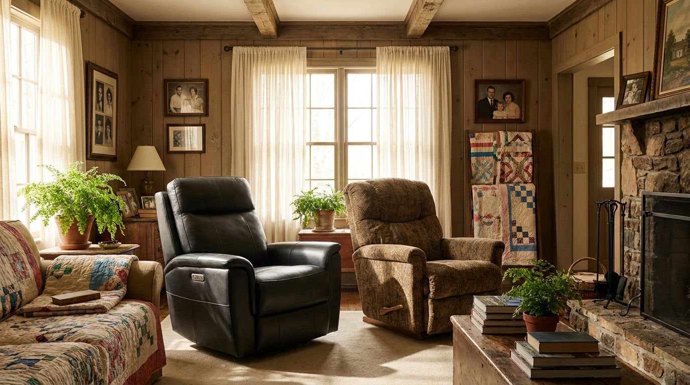 Two La-Z-Boy recliners — one power and one manual — sit side by side in a warm, sunlit Southern living room with earthy tones and farmhouse-style decor.