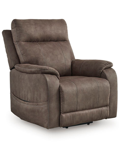 Crestmeade Espresso Lift Chair 1350412 brown faux leather power lift recliner with white contrast stitching.