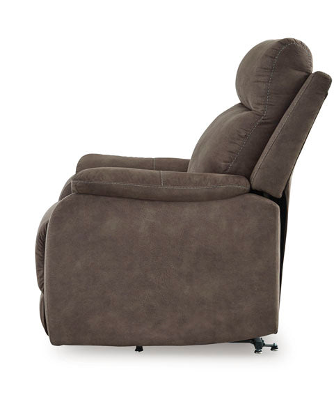 Side view of a brown faux leather Crestmeade Espresso Lift Chair 1350412 power lift recliner.