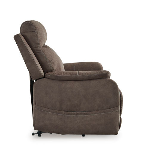 Side view of a brown faux leather Crestmeade Espresso Lift Chair 1350412 power lift recliner.