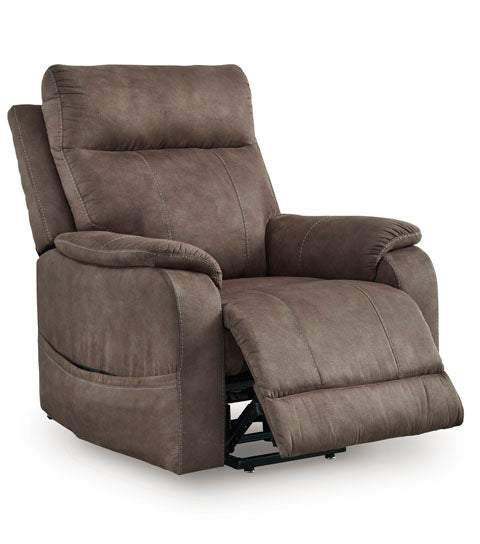 Crestmeade Espresso Lift Chair 1350412 brown faux leather power lift recliner with contrast stitching.