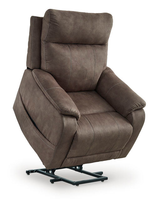 Crestmeade Espresso Lift Chair 1350412 in brown faux leather on a black metal base.