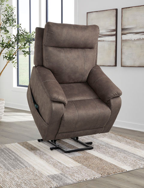 Brown faux leather Crestmeade Espresso Lift Chair 1350412 in a raised position.
