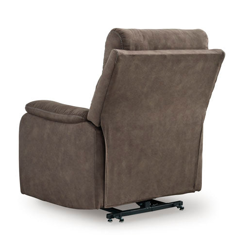 Rear view of the Crestmeade Espresso Lift Chair 1350412, a brown faux leather power lift recliner featuring a reclining backrest and a metal lift mechanism base.