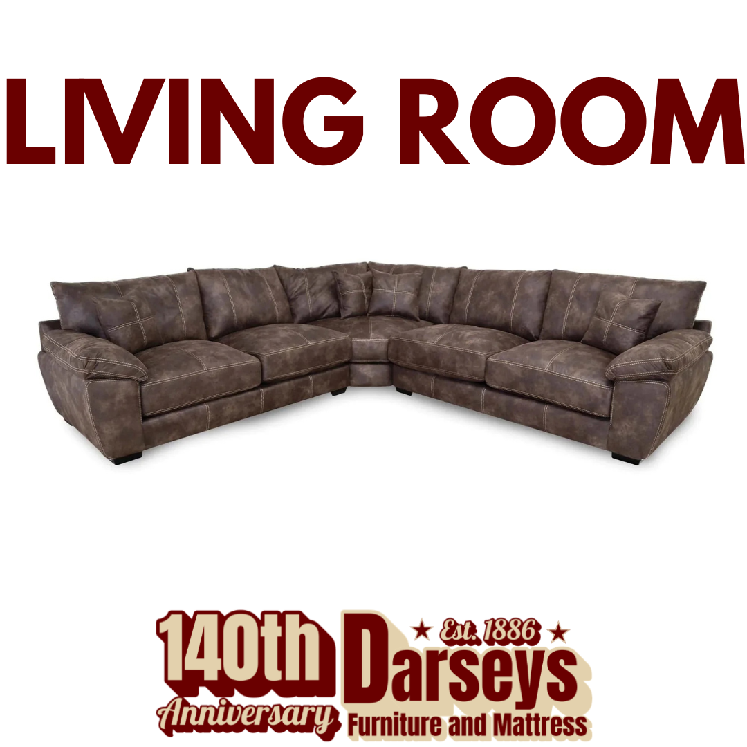 Brown sectional sofa with 'Living Room' text and Darseys logo on a white background
