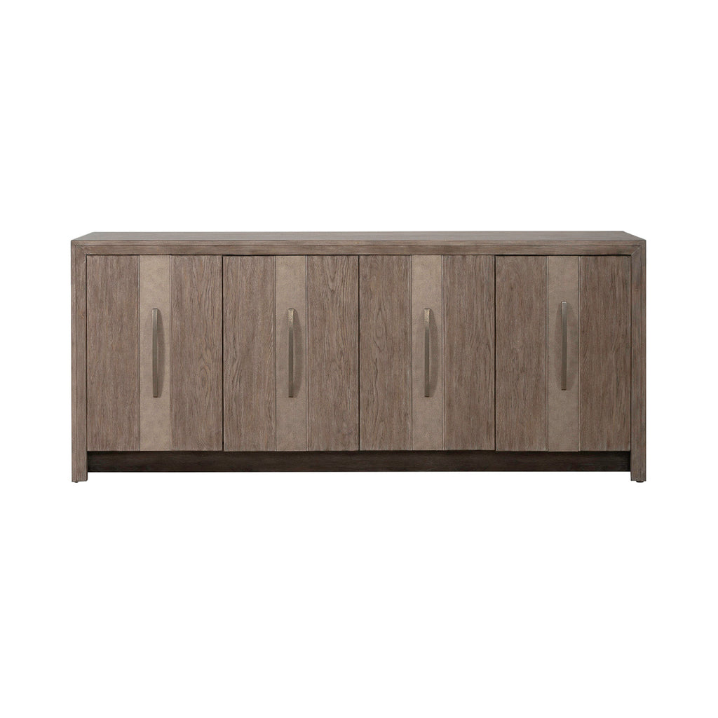 The Lafayette Curio Cabinet 2219-AC1000 by Liberty Furniture is a modern wooden accent cabinet featuring six vertical doors, each adorned with a long, curved handle. Boasting a rectangular shape and an elegant blend of light and dark wood finishes, this piece offers sophisticated storage set against a plain white background.