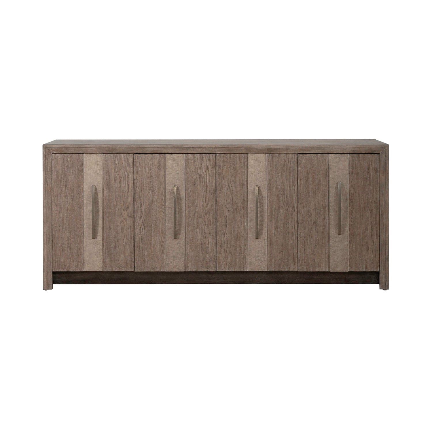 The Lafayette Curio Cabinet 2219-AC1000 by Liberty Furniture is a modern wooden accent cabinet featuring six vertical doors, each adorned with a long, curved handle. Boasting a rectangular shape and an elegant blend of light and dark wood finishes, this piece offers sophisticated storage set against a plain white background.