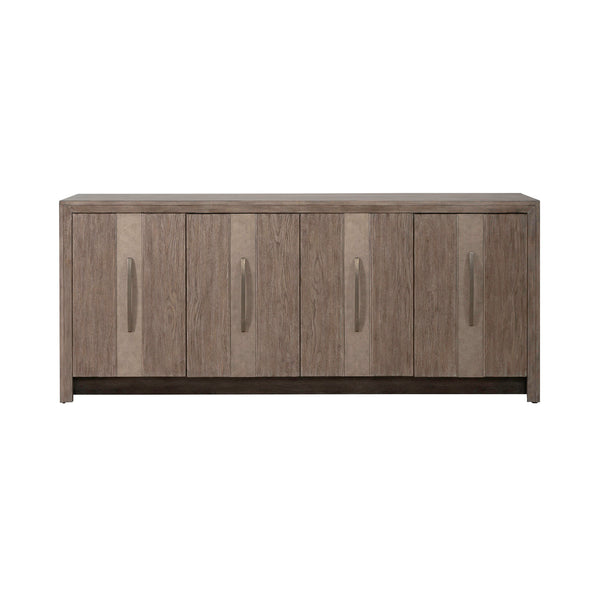 The Lafayette Curio Cabinet 2219-AC1000 by Liberty Furniture is a modern wooden accent cabinet featuring six vertical doors, each adorned with a long, curved handle. Boasting a rectangular shape and an elegant blend of light and dark wood finishes, this piece offers sophisticated storage set against a plain white background.