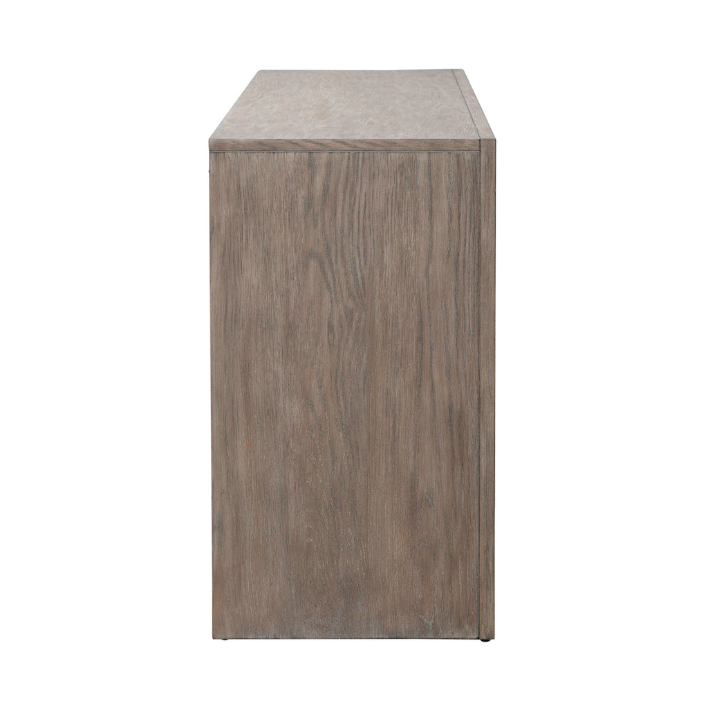 Side view of the Liberty Furniture Lafayette Curio Cabinet 2219-AC1000 featuring a rectangular silhouette and light brown, textured wood grain finish on a plain white background—an elegant accent cabinet and practical storage solution for any space.