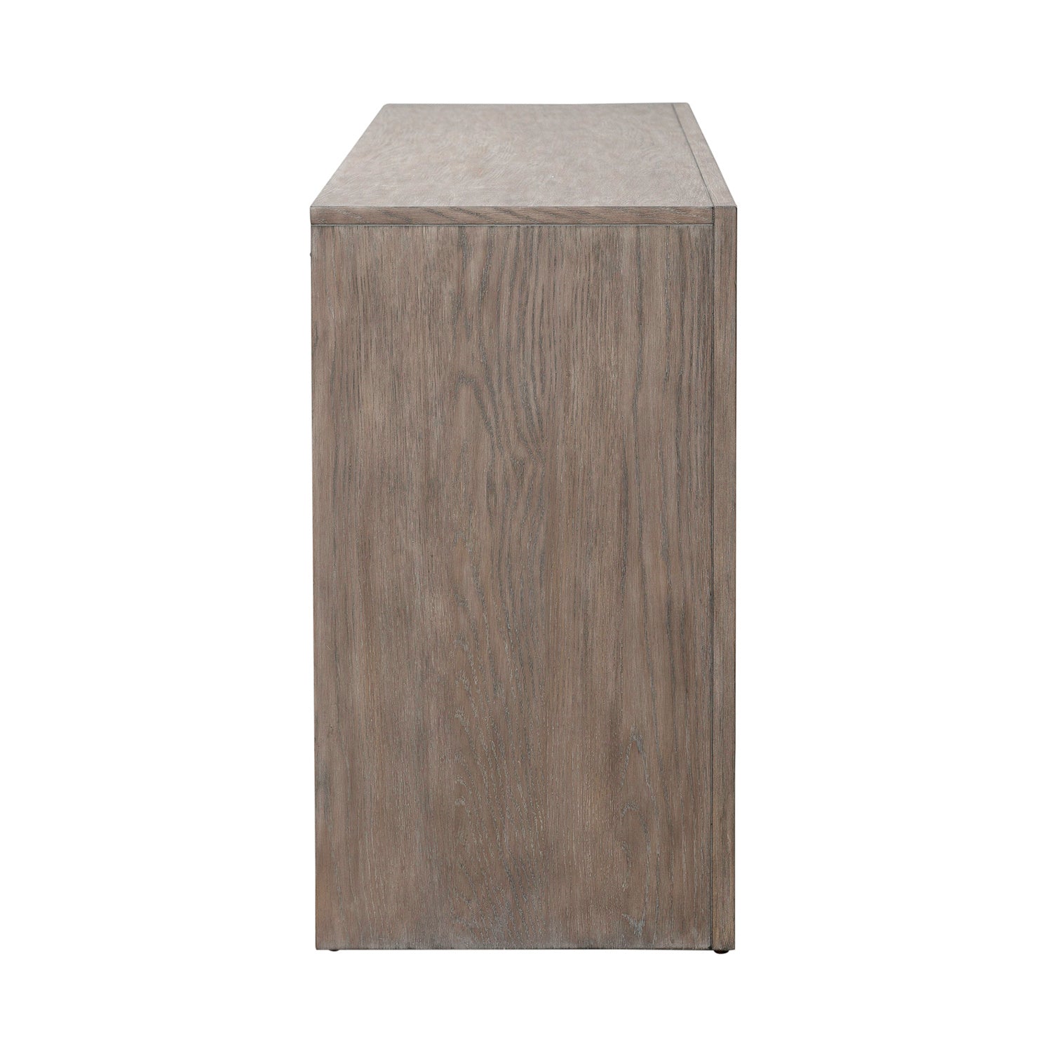 Side view of the Liberty Furniture Lafayette Curio Cabinet 2219-AC1000 featuring a rectangular silhouette and light brown, textured wood grain finish on a plain white background—an elegant accent cabinet and practical storage solution for any space.