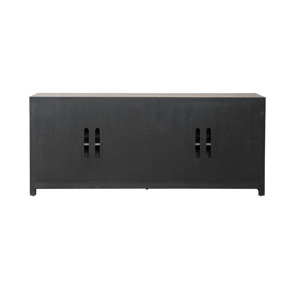 The Lafayette Curio Cabinet 2219-AC1000 by Liberty Furniture features a rectangular black metal design with four vertical handle cutouts on the front. Set against a white background, this striking accent cabinet offers a versatile storage solution for modern interiors.