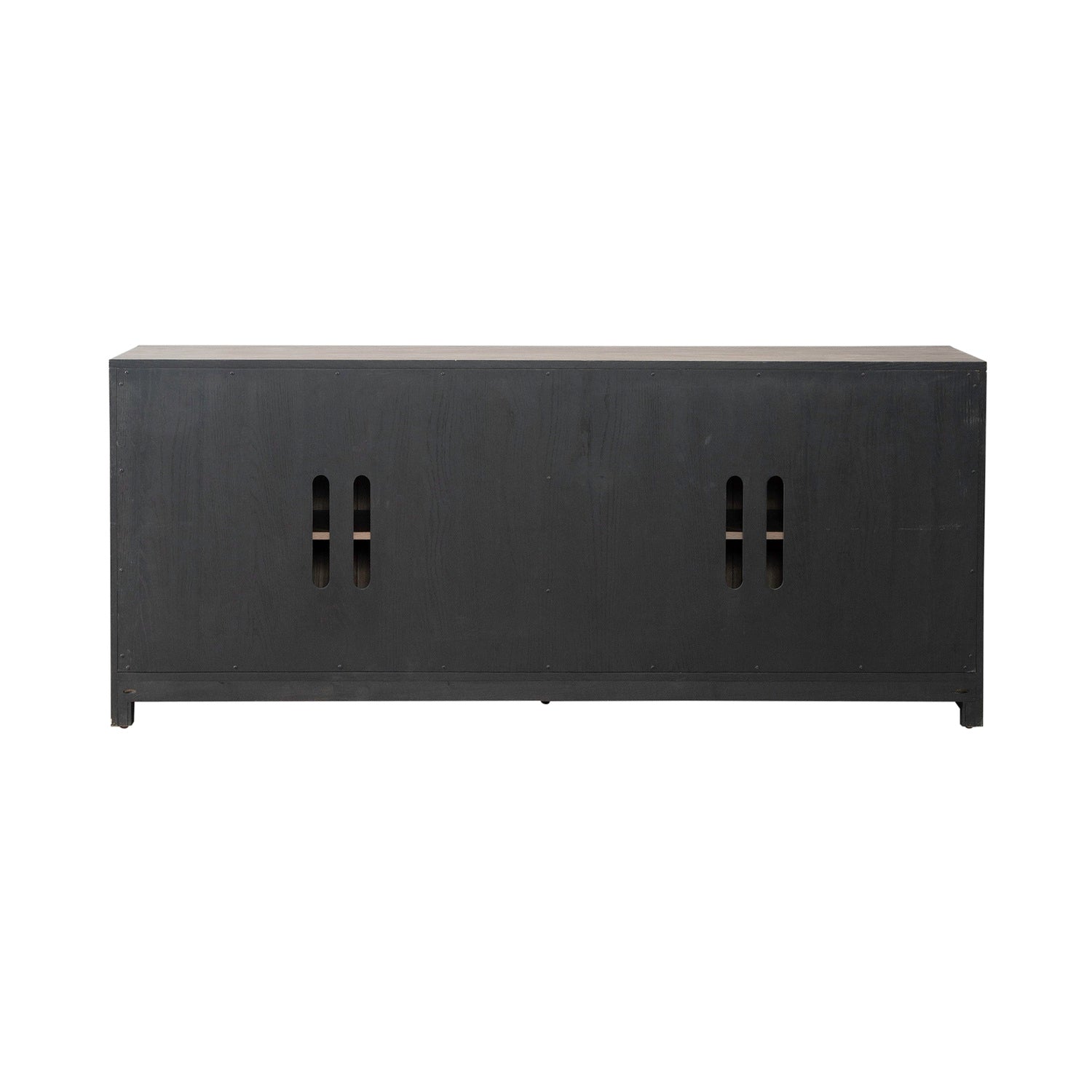 The Lafayette Curio Cabinet 2219-AC1000 by Liberty Furniture features a rectangular black metal design with four vertical handle cutouts on the front. Set against a white background, this striking accent cabinet offers a versatile storage solution for modern interiors.