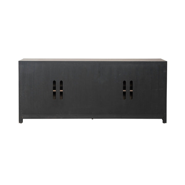 The Lafayette Curio Cabinet 2219-AC1000 by Liberty Furniture features a rectangular black metal design with four vertical handle cutouts on the front. Set against a white background, this striking accent cabinet offers a versatile storage solution for modern interiors.