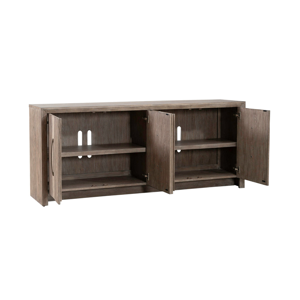 The Lafayette Curio Cabinet 2219-AC1000 by Liberty Furniture is a wooden accent cabinet with a gray-brown finish, featuring four doors—two of which open to reveal interior shelves and cable management holes, making it an ideal storage solution for any living space.