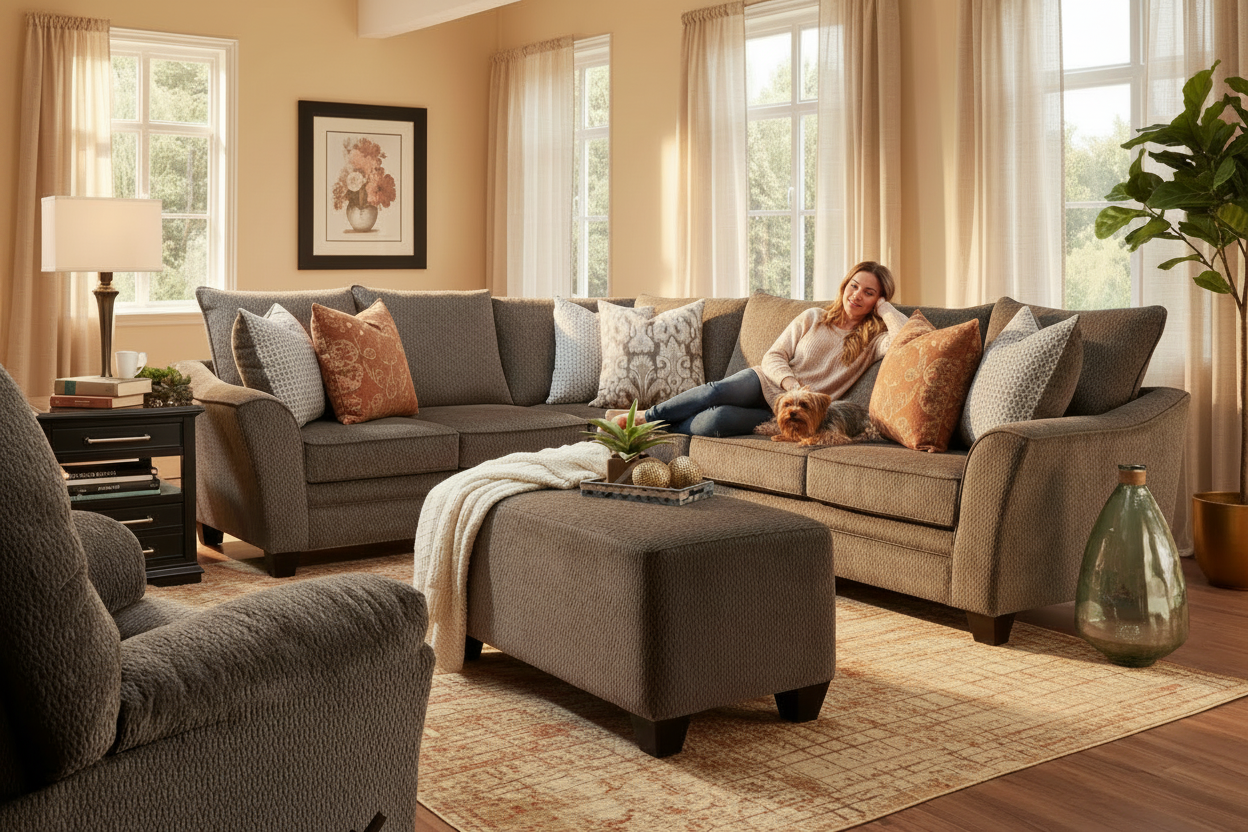 A woman relaxes on a large taupe sectional sofa in a warm, styled living room. The sectional is styled with multiple patterned and solid throw pillows, a matching square ottoman, and a beige area rug.