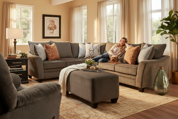 A woman relaxes on a large taupe sectional sofa in a warm, styled living room. The sectional is styled with multiple patterned and solid throw pillows, a matching square ottoman, and a beige area rug.
