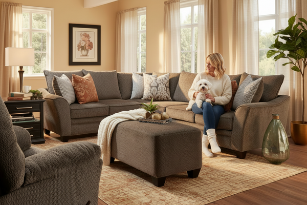A staged living room featuring a large sectional sofa in taupe gray fabric, styled with multiple decorative throw pillows, a matching ottoman, a side table with a lamp, and a large green plant.