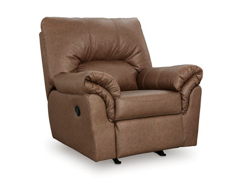 The Ashley WillowBend Caramel Recliner 2770425 features padded armrests, a cushioned back, and a side lever, all set against a plain white background.