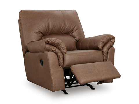 The Ashley WillowBend Caramel Recliner 2770425, upholstered in brown faux leather with plush cushions and an extended footrest, is displayed against a white background.