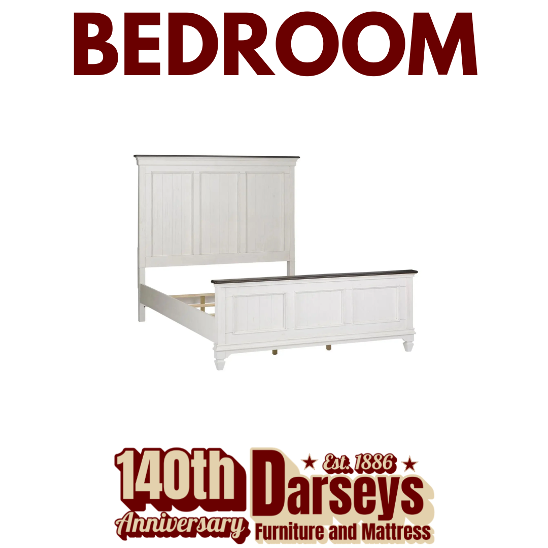 White wooden bed with '140th Darseys' branding on a white background
