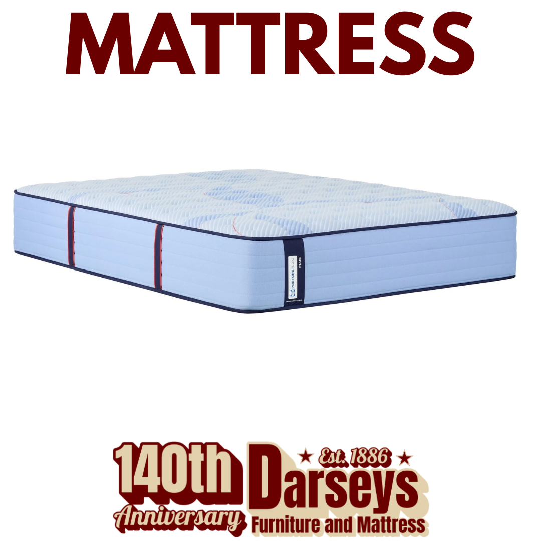 Blue mattress with '140th Darseys' branding on a white background