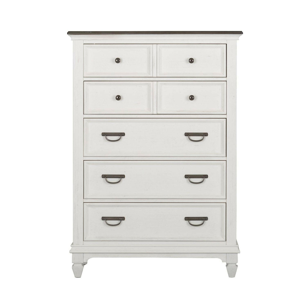 A white wooden chest of drawers with two small top drawers and four larger drawers below, featuring dark metal handles and a dark-colored top surface.