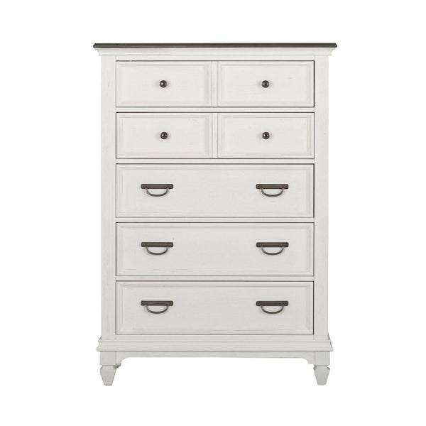 A white wooden chest of drawers with two small top drawers and four larger drawers below, featuring dark metal handles and a dark-colored top surface.