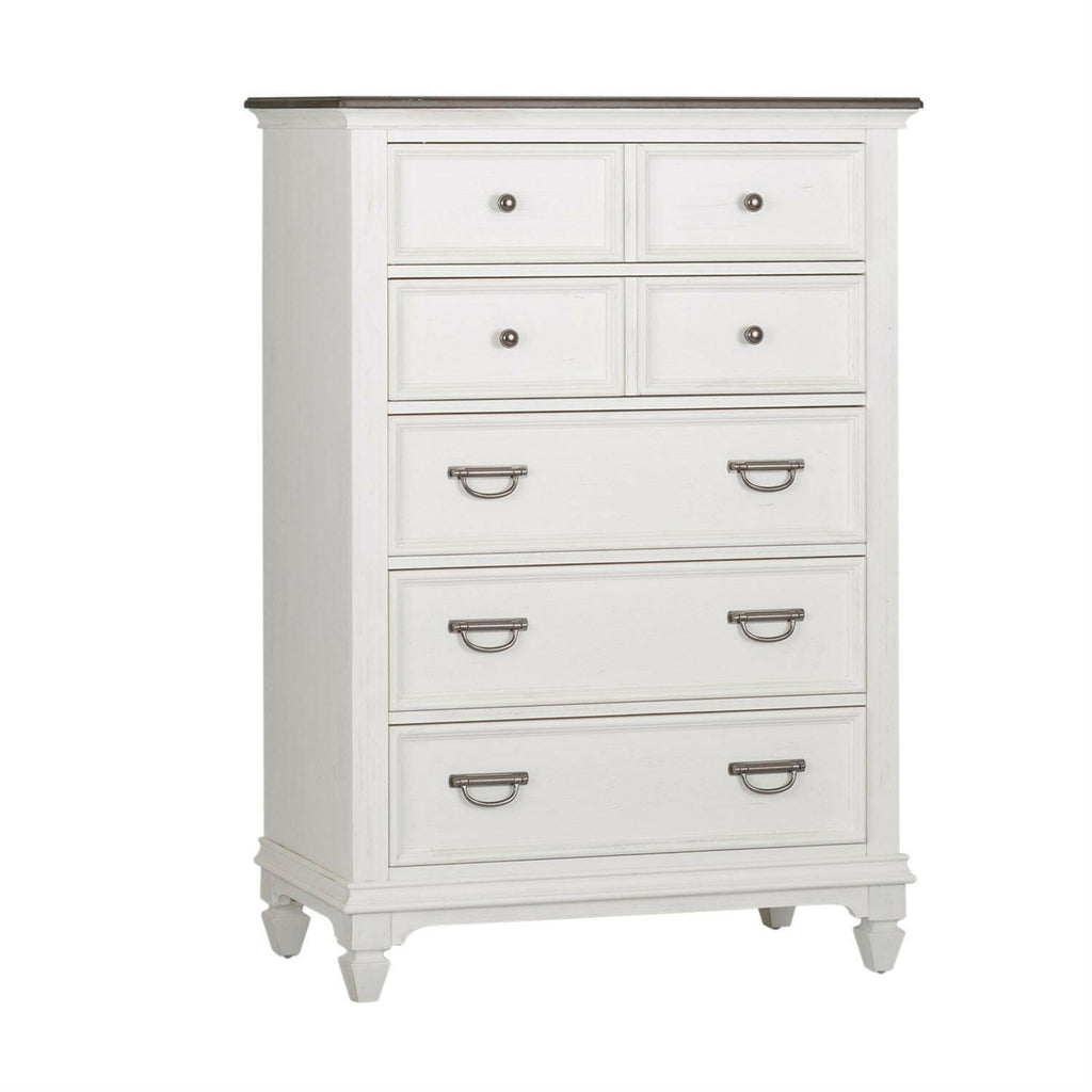 A tall white wooden dresser with six drawers, two smaller ones on top and four larger ones below, each with metal handles. The dresser has short legs and a dark wood top.