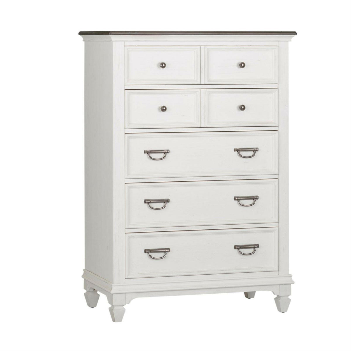 A tall white wooden dresser with six drawers, two smaller ones on top and four larger ones below, each with metal handles. The dresser has short legs and a dark wood top.