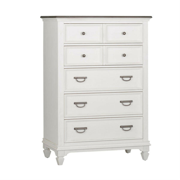 A tall white wooden dresser with six drawers, two smaller ones on top and four larger ones below, each with metal handles. The dresser has short legs and a dark wood top.