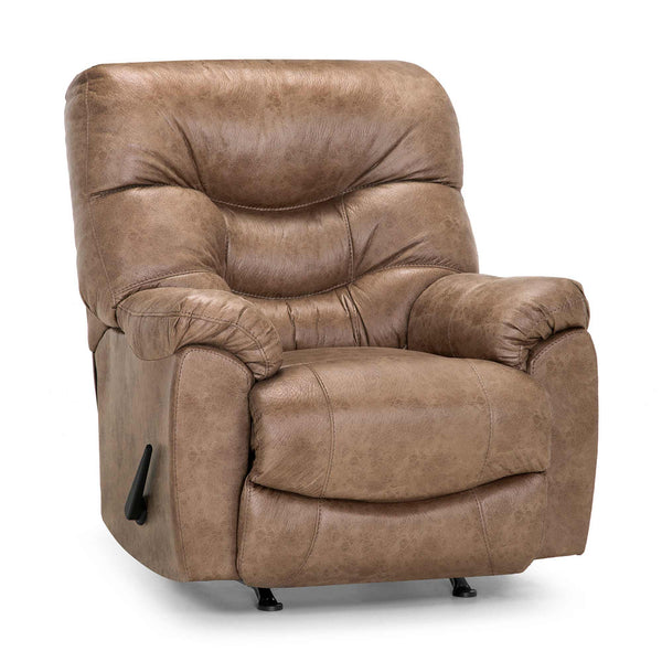 Experience ultimate relaxation with the Trilogy Marshall Camel Recliner 4595-8621-25 by Franklin Furniture Corp., a generously sized, overstuffed recliner chair upholstered in rich brown leather. It features plush cushions, padded armrests, and a convenient manual recliner lever on the side—plus the enhanced supportive WOW Seating System, similar to the renowned Trilogy Rocker Recliner.