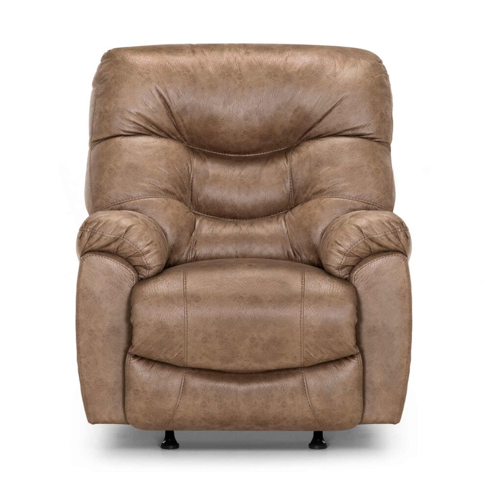 The Trilogy Marshall Camel Recliner 4595-8621-25 by Franklin Furniture Corp. is a plush brown leather rocker recliner with padded armrests and a cushioned backrest, shown from the front against a white background. This manual recliner combines comfort and style, featuring the innovative WOW Seating System for exceptional support.