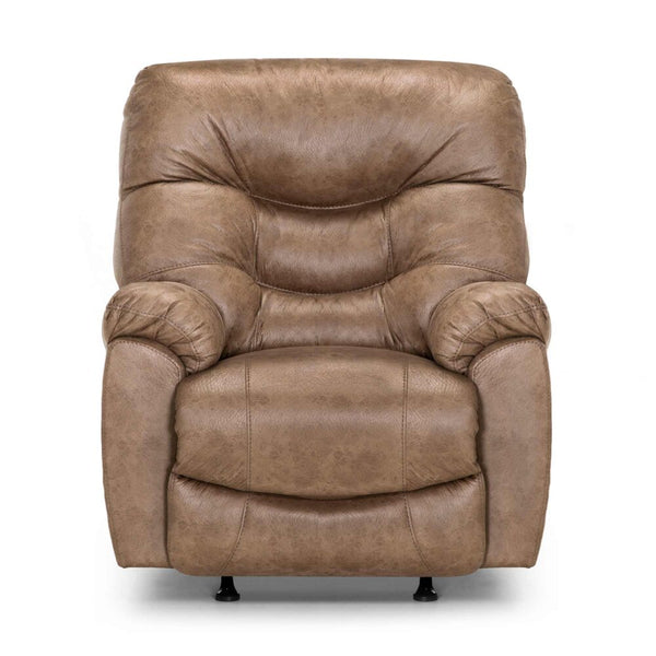 The Trilogy Marshall Camel Recliner 4595-8621-25 by Franklin Furniture Corp. is a plush brown leather rocker recliner with padded armrests and a cushioned backrest, shown from the front against a white background. This manual recliner combines comfort and style, featuring the innovative WOW Seating System for exceptional support.