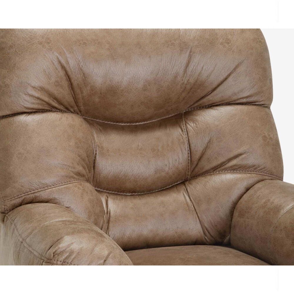 Close-up of the Trilogy Marshall Camel Recliner 4595-8621-25 by Franklin Furniture Corp., highlighting its brown textured faux leather upholstery, plush seat with WOW Seating System, curved armrests, and stitched detailing on the backrest.
