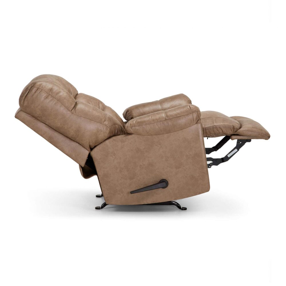 A Trilogy Marshall Camel Recliner 4595-8621-25 by Franklin Furniture Corp., shown fully reclined against a white background, features the WOW Seating System for ultimate comfort, an extended footrest, and a cushioned backrest.