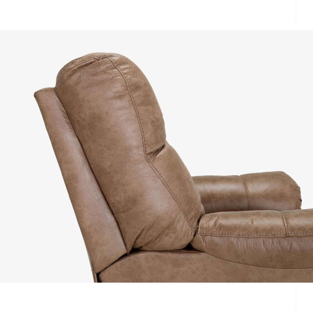Side view of the Franklin Furniture Corp. Trilogy Marshall Camel Recliner 4595-8621-25 in brown leather, highlighting its cushioned backrest, seat, and armrests against a plain white background. This manual recliner is equipped with the WOW Seating System for enhanced comfort and support.