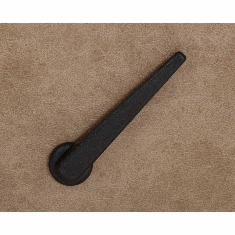 A black manual window crank handle rests on a textured tan surface, evoking the classic design elements found in manual recliner seating such as the Trilogy Marshall Camel Recliner 4595-8621-25 by Franklin Furniture Corp.