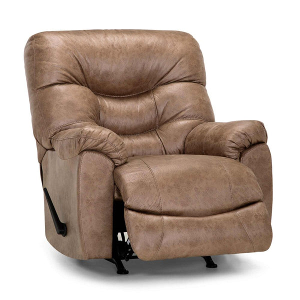 A brown leather Trilogy Marshall Camel Recliner (model 4595-8621-25) by Franklin Furniture Corp. is shown in a partially reclined position, featuring plush cushions, a visible side lever for its manual reclining mechanism, and exceptional comfort thanks to the WOW Seating System.