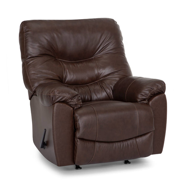 The Trilogy Frederica Brown Recliner 4595-LM98-15 by Franklin Furniture Corp. features plush, thick gel-blended cushions, luxurious brown leather upholstery, and a convenient side lever—designed to provide ultimate comfort and relaxation.