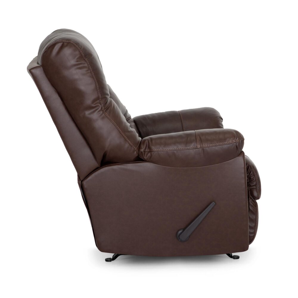 Side view of the Trilogy Frederica Brown Recliner 4595-LM98-15 by Franklin Furniture Corp., a dark brown leather armchair with padded armrests, gel-blended cushions for enhanced comfort, a cushioned seat and back, and a visible reclining lever on the side.