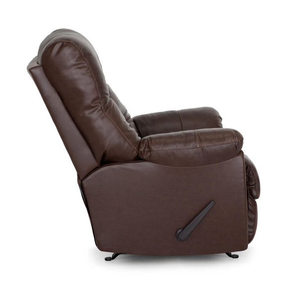 Side view of the Trilogy Frederica Brown Recliner 4595-LM98-15 by Franklin Furniture Corp., a dark brown leather armchair with padded armrests, gel-blended cushions for enhanced comfort, a cushioned seat and back, and a visible reclining lever on the side.