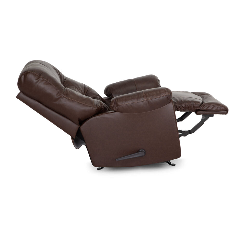 The Trilogy Frederica Brown Recliner 4595-LM98-15 from Franklin Furniture Corp. is a luxurious brown leather armchair, displayed here in a fully reclined position with its footrest extended and backrest tilted for optimal relaxation. Outfitted with plush gel-blended cushions, this recliner ensures superior comfort and support for the ultimate lounging experience.