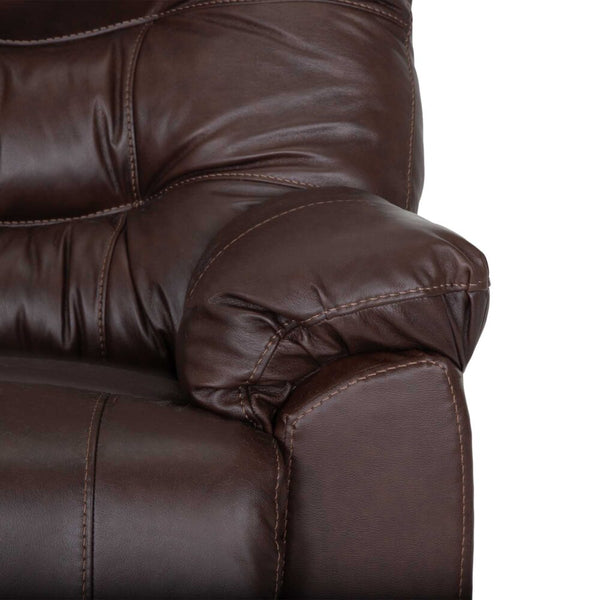 Close-up of the Trilogy Frederica Brown Recliner 4595-LM98-15 by Franklin Furniture Corp., highlighting the armrest and portions of the seat and backrest with visible stitching, padded and tufted leather upholstery, and supportive gel-blended cushions.