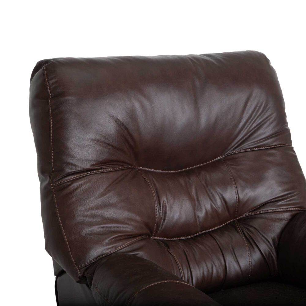 Close-up of the Trilogy Frederica Brown Recliner 4595-LM98-15 by Franklin Furniture Corp., a dark brown leather armchair, highlighting the cushioned backrest and part of the armrests with visible stitching details and luxuriously comfortable gel-blended cushions.