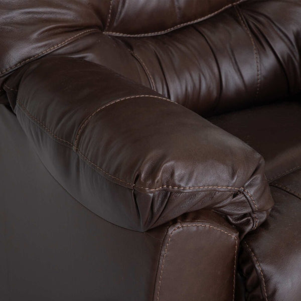 Close-up of the Trilogy Frederica Brown Recliner 4595-LM98-15 by Franklin Furniture Corp., highlighting its padded armrest and visible stitching details, complemented by supportive gel-blended cushions for enhanced comfort.