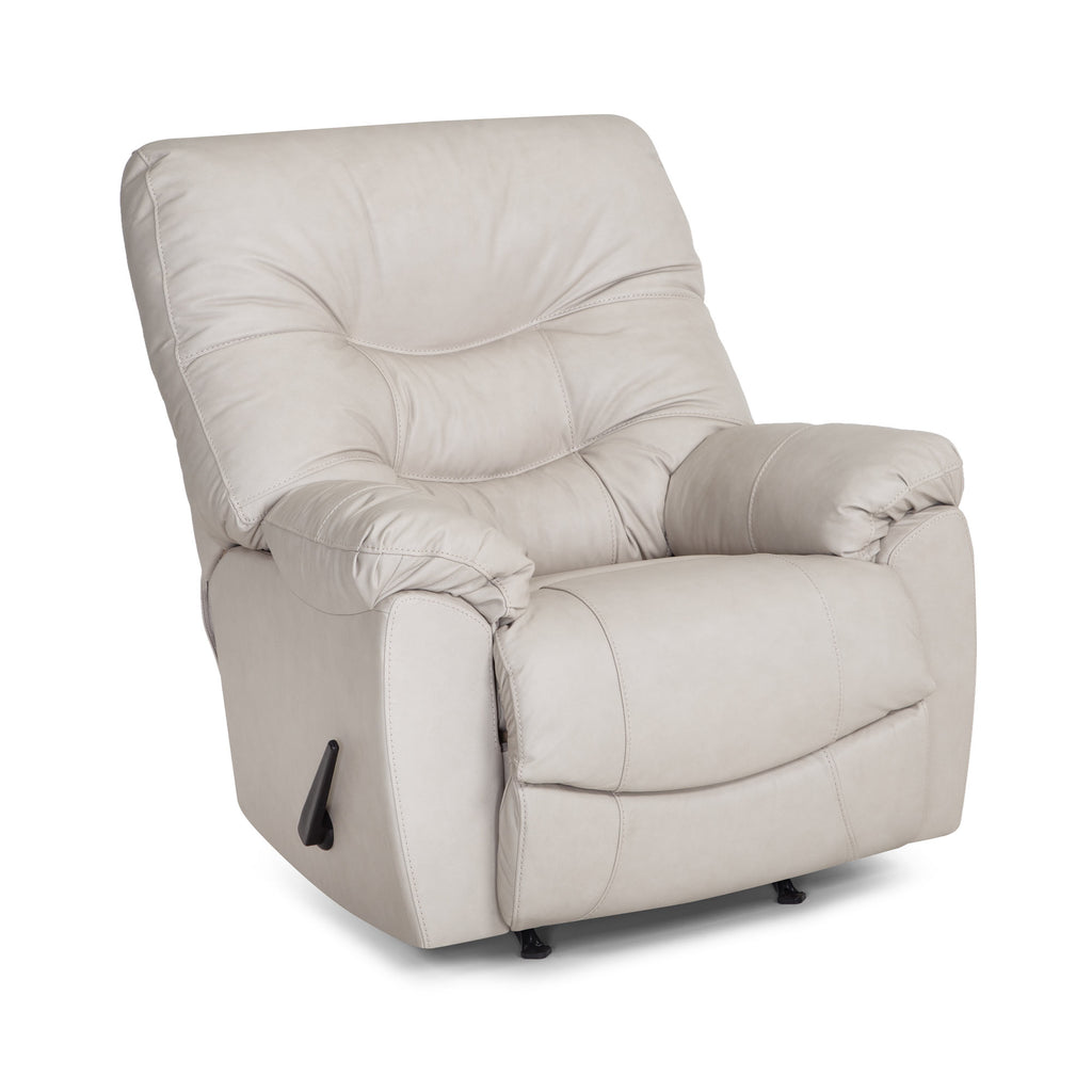 A light beige Trilogy Frederica Taupe Recliner 4595-LM98-28 by Franklin Furniture Corp. with padded armrests and backrest, featuring a side lever for reclining. The chair is supported by small black feet and boasts a soft, cushioned look enhanced with gel-blended cushions for extra comfort.
