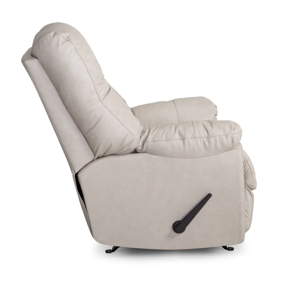 Side view of the Franklin Furniture Corp. Trilogy Frederica Taupe Recliner 4595-LM98-28 with cushioned armrests and back, featuring gel-blended cushions for enhanced comfort and a black lever on the side.